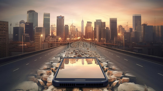 从智能手机 3D 渲染逼真的道路建筑和塔楼中出现的城市景观