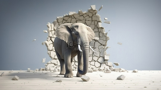 强大的大象打破障碍是力量和力量的象征 3D 渲染与复制空间