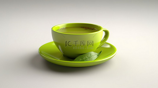 软背景上绿茶杯的 3D 渲染