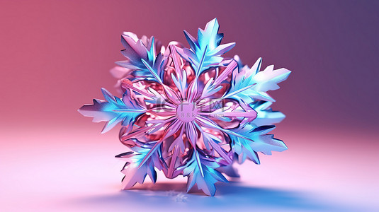 粉红色和蓝色背景上雪花的 3d 渲染