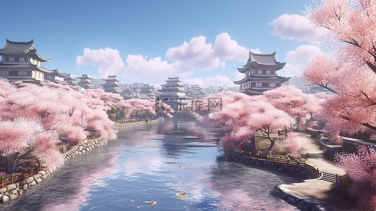 阳光明媚的一天，日本花园里有盛开的樱花树和宁静的河流 3D 插图
