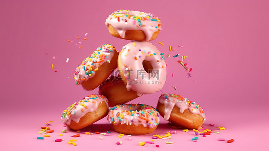 吃粉背景图片_洒满各种彩色甜甜圈在空中飞翔 3d 渲染