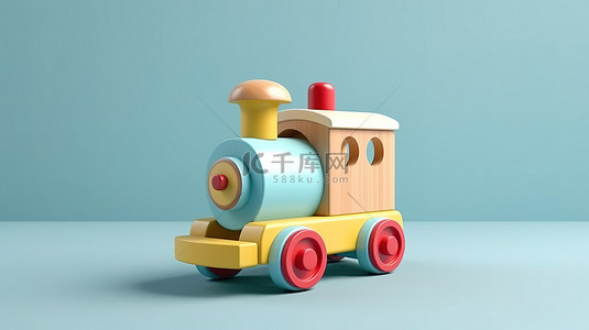 蓝色木制背景背景图片_3D 创建的蓝色背景上充满活力的儿童木制机车火车