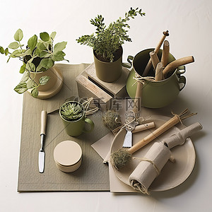 园艺工具背景图片_桌子上摆满了多种花园物品，包括植物和园艺工具