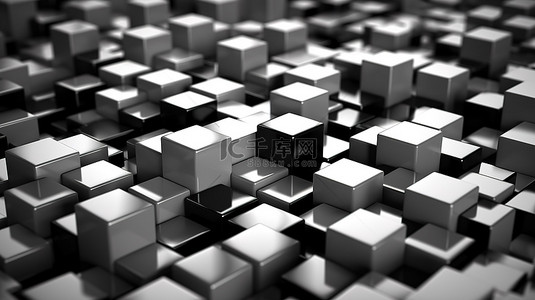 具有阴影黑白方块背景的抽象金属立方体 3d 渲染
