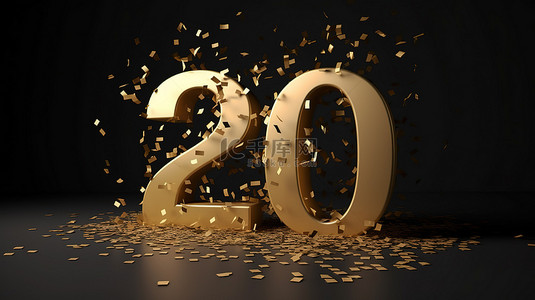 十周年纪念日背景图片_用 3d 镀金生日贺卡和五彩纸屑纪念二十周年