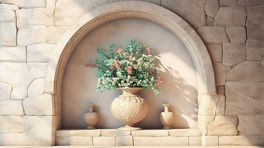 模板古典背景图片_古典壁龛，在 3D 渲染的石墙上突出了花瓶
