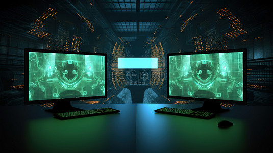 高科技黑客环境中的双显示器 3D 渲染