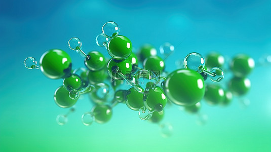 蓝色背景与绿色氢分子在空气中漂流的 3d 插图