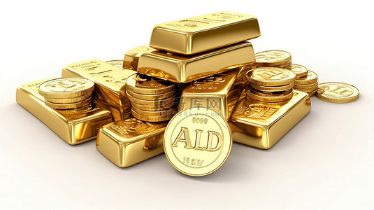 白色背景 3D 可交易黄金中的 au 字母硬币和金条
