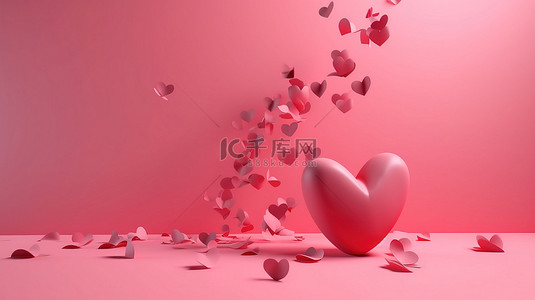 两颗红心背景图片_情人节两颗 3D 红心呈现在粉红色通风背景上，心脏大小不同
