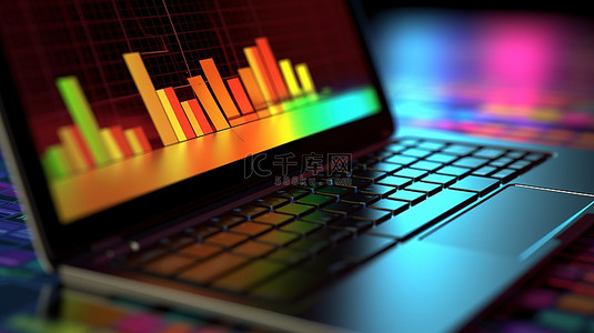 商务科技插图背景图片_笔记本电脑键盘的插图，其中包含以 3D 形式描述商务办公室概念的图形和图表