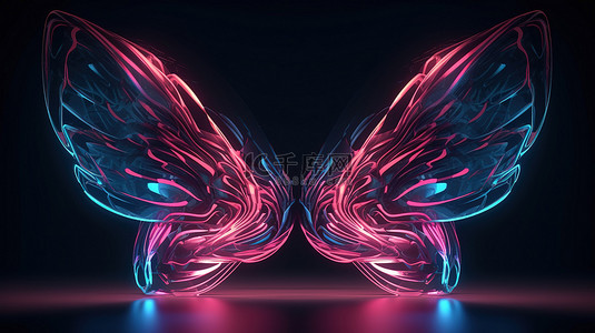 明亮背景上霓虹粉色和蓝色几何翅膀的未来派 3D 建模
