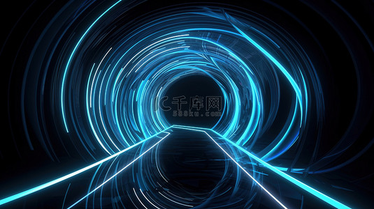 走进充满活力的霓虹灯隧道 3d 渲染抽象背景与蓝色花瓣方形曲线和激光表演