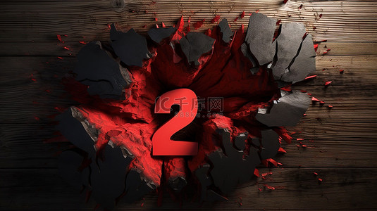 破裂红色背景图片_3d 中的红色二号与破裂的地球和黑色木墙裂缝一起爆炸
