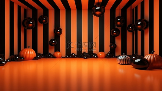 醒目的橙色和黑色条纹万圣节房间背景的 3D 渲染