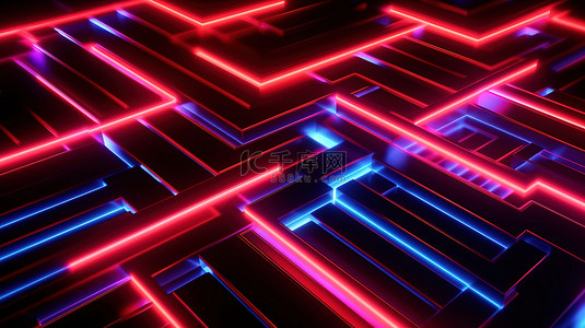 荧光红色 3d 几何背景上发光的霓虹灯线