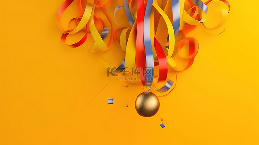 红色的彩带背景图片_半空中的奖牌，黄色背景 3d 渲染上充满活力的彩带