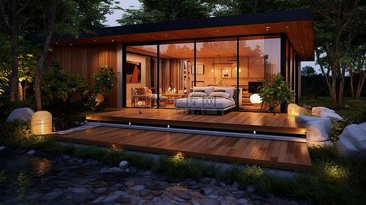 风景室外背景图片_夜间花园绿洲 3D 插图，展示木屋内室外休息室的封闭景观外观设计