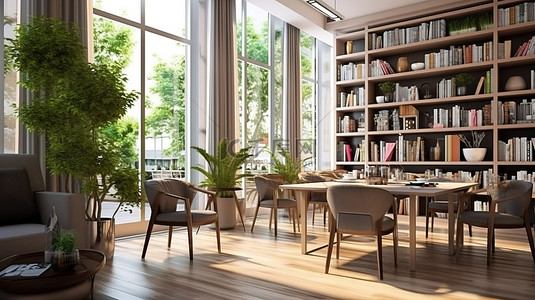 客厅或咖啡馆 3D 渲染图书馆区域的视图