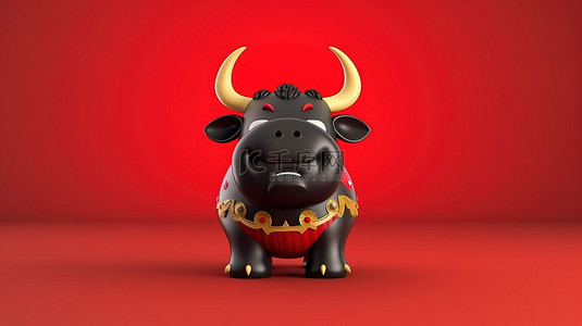 十二生肖文化背景图片_可爱的 3D 渲染陶瓷黑牛隔离在充满活力的红色背景