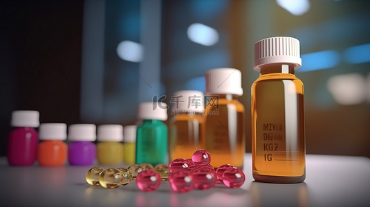 药瓶和医疗信息健康图表的 3D 渲染