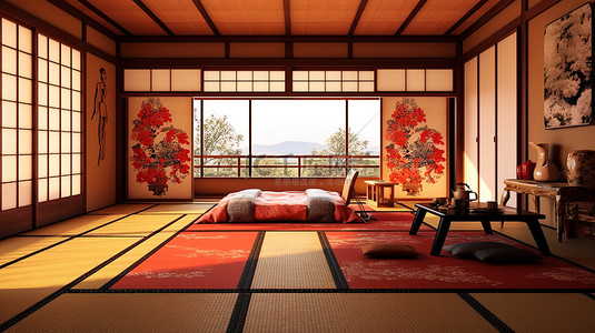 正宗的日式房间设计传统日式空间的 3D 渲染