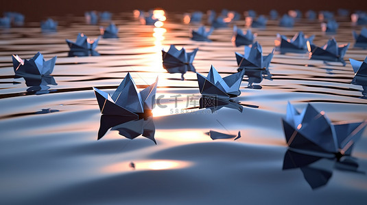 金属和纸折纸船在水面上航行 3d 渲染