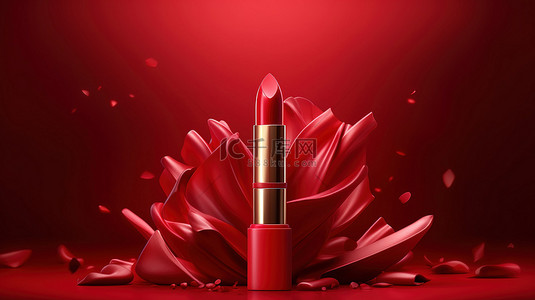 优雅的口红广告横幅与红色抽象形状背景高端 3D 渲染