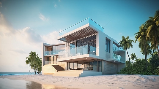避暑旅游背景图片_具有建筑设计的外部海滩别墅的概念 3D 渲染