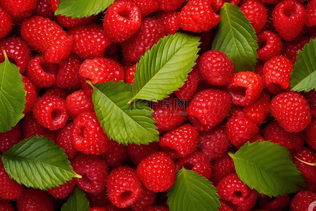 红树莓背景图片_一排红树莓，上面有一片绿叶