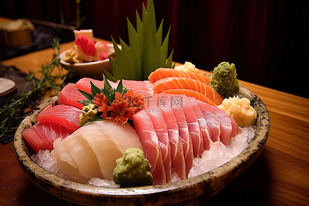 食品放桌上背景图片_硬桌上放着一碗生鱼片，里面有各种鱼片