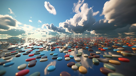 色彩鲜艳的药用胶囊和药丸在反光地板上层叠和碰撞，它们的反射在宁静的蓝天和云彩 3d 渲染图像的衬托下放大