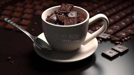 飞溅状背景图片_丰富而奶油状的每日黑巧克力款待巧克力棒和杯子上的勺子的 3D 渲染