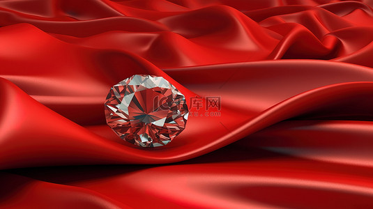 藏红背景图片_镶嵌在丰富的红色丝绸布上的闪闪发光的钻石的 3D 渲染