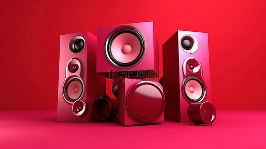 俱乐部成立背景图片_红色背景与红色色调扬声器系统的 3D 插图