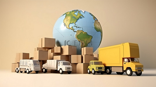 快递物流车背景图片_可视化地球货箱卡车飞机和货车的地球 3D 渲染