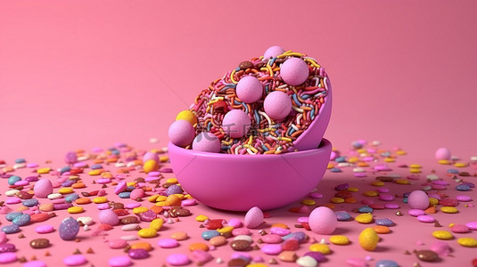 充满活力的洒水装饰粉红色背景完美的蛋糕和面包店装饰 3D 插图