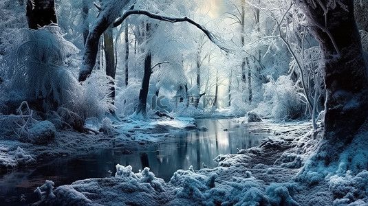 原始森林灌木丛中冰冻溪流的冬季仙境迷人 3D 艺术