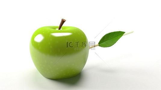 白色背景上单个青苹果和箭头的 3D 插图