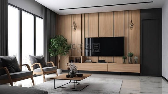 带智能电视柜和 3D 扶手椅的现代客厅