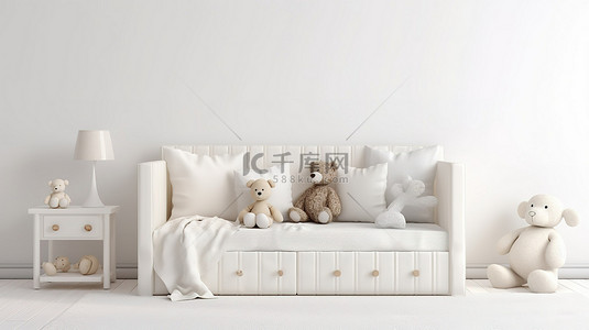 全白色婴儿房配有豪华沙发床和精美 3D 渲染的可爱毛绒动物