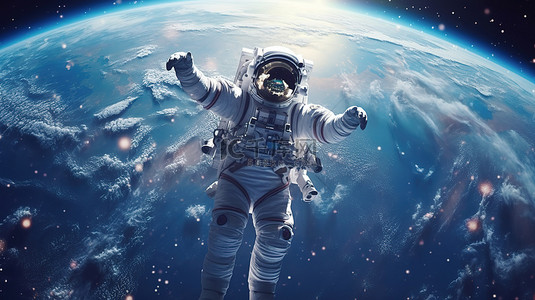 有水的漂流瓶背景图片_宇航员在太空中漂流的 3d 渲染