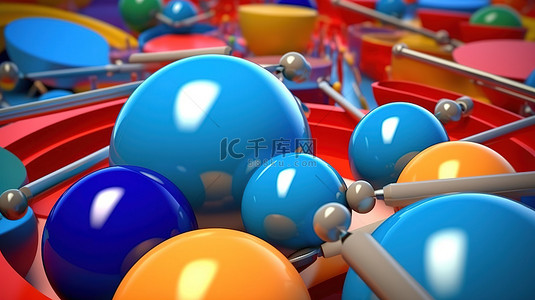 带有打击乐器的彩色球的充满活力的 3D 渲染