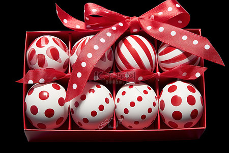 一个红色和白色的鸡蛋装在一个带丝带的盒子里