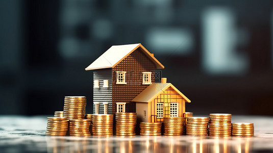 房地产和财务规划房屋模型和堆叠金币的 3D 渲染