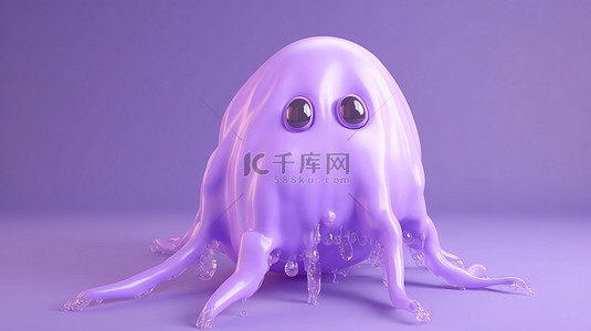 可爱的婴儿幽灵设计，带有紫色融化怪物的 3D 插图