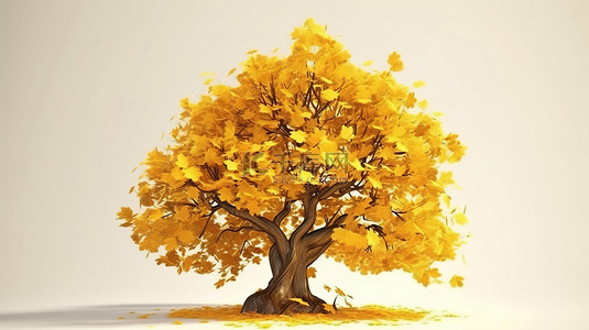 秋天黄叶卡通背景图片_大自然的秋季 3D 渲染插图，其中一棵树装饰着黄叶