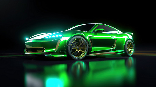具有特殊车轮延伸和零件的高级赛车调校绿色轿跑车的 3D 渲染