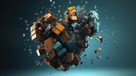 碎片化的游戏立方体在 3D 插图中爆炸，碎片向多个方向飞散